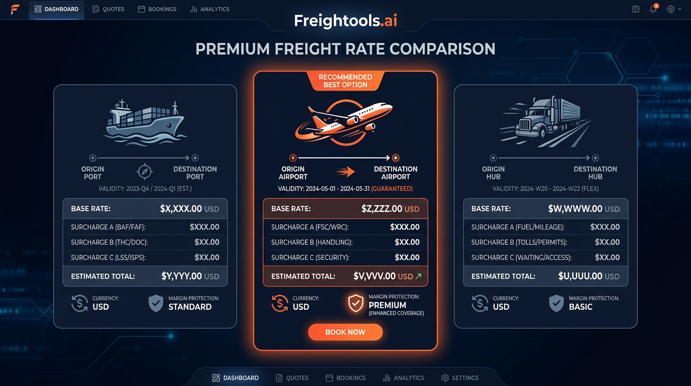 Rate comparison cards — supplier rates ranked by margin with surcharges expanded.