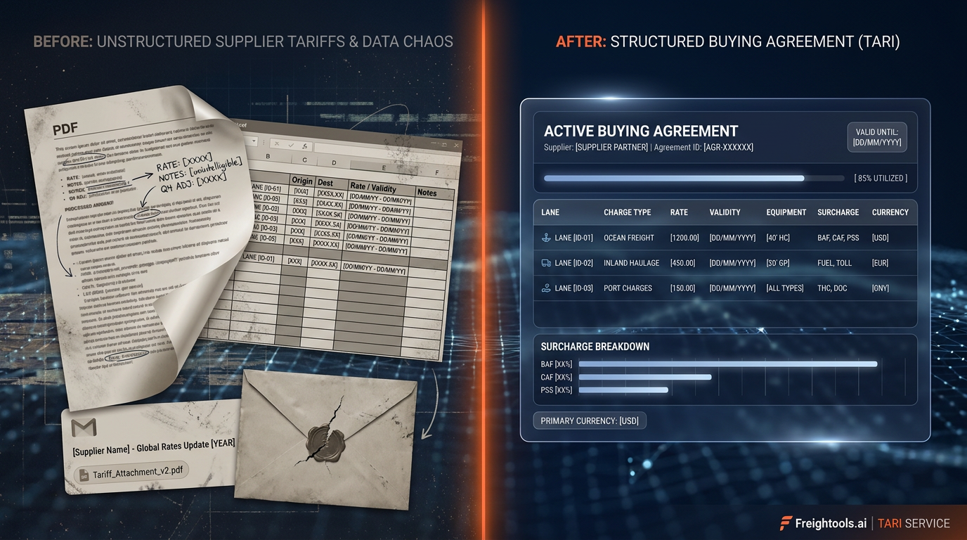 Supplier tariff PDF transforming into a structured buying agreement.